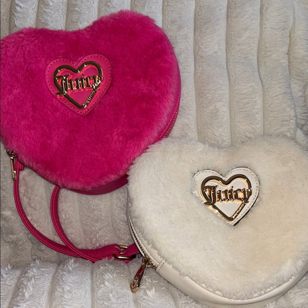 Juicy Couture Heart Fuzzy Crossbody Bags - Hot Fusia Pink & Cream